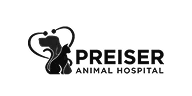 Logo for Preiser Animal Hospital featuring silhouettes of a dog and cat with a stethoscope, alongside the business name in bold and regular font.