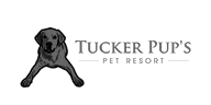 Logo of Tucker Pup’s Pet Resort featuring a black and white illustration of a dog lying down next to the business name in bold text.
