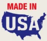 Text reads “MADE IN USA” with “USA” overlaid on a blue silhouette of the contiguous United States. “MADE IN” is in red above the map.