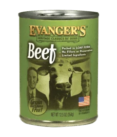 A case of 12 cans of Heritage Classic Beef dog food, labeled grain and gluten free, features two men, a cow, and an American flag on a green background.