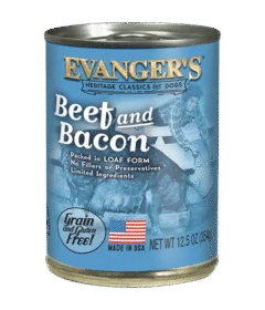 A case of 12 Heritage Classic Beef & Bacon cans, featuring product info, a dog and person illustration, plus "Grain & Gluten Free" and "Made in USA" labels.