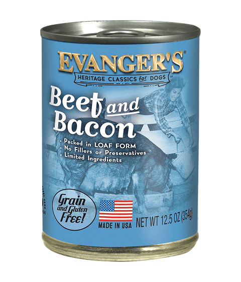 A case of 12 Heritage Classic Beef & Bacon cans, featuring product info, a dog and person illustration, plus "Grain & Gluten Free" and "Made in USA" labels.