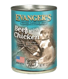 A 12.5 oz can of Heritage Classic Beef with Chicken dog food, grain and gluten free, case of 12, features a dog image and product details on the front.