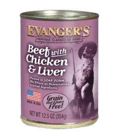 A can of Heritage Classic Beef with Chicken & Liver dog food, grain and gluten free, featuring a dog in a hat and monocle on a purple background. Sold as a case of 12.