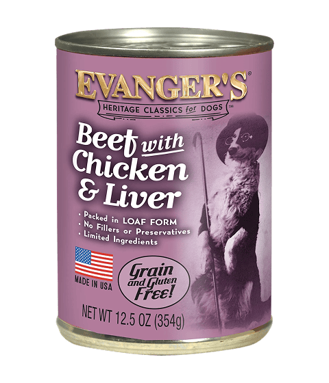 A can of Heritage Classic Beef with Chicken & Liver dog food, grain and gluten free, featuring a dog in a hat and monocle on a purple background. Sold as a case of 12.