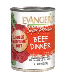 A case of 12 cans of Super Premium Beef Dinner for Dogs, each a limited ingredient diet, 12.5 oz (354g) per can.