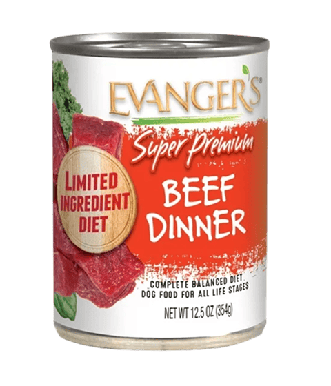 A case of 12 cans of Super Premium Beef Dinner for Dogs, each a limited ingredient diet, 12.5 oz (354g) per can.