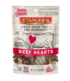 A 3.5 oz package of Gently Dried Beef Hearts treats for dogs and cats, labeled grain and gluten free, featuring an illustration of a cow and heart.