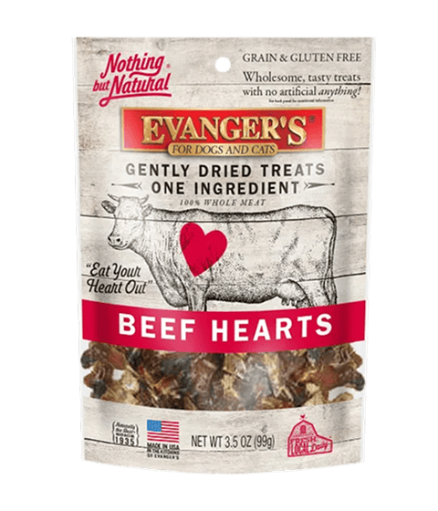 A 3.5 oz package of Gently Dried Beef Hearts treats for dogs and cats, labeled grain and gluten free, featuring an illustration of a cow and heart.