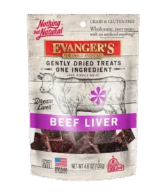 A 4.6 oz (130g) package of Gently Dried Beef Liver treats for dogs and cats, made with one ingredient, and labeled as grain-free and gluten-free.