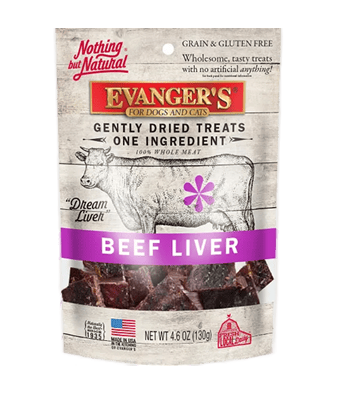 A 4.6 oz (130g) package of Gently Dried Beef Liver treats for dogs and cats, made with one ingredient, and labeled as grain-free and gluten-free.