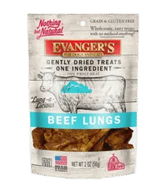 A bag of Gently Dried Beef Lungs treats for dogs and cats, labeled grain and gluten free, with dried beef lung pieces visible through a front window.