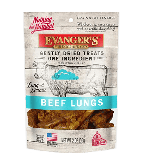 A bag of Gently Dried Beef Lungs treats for dogs and cats, labeled grain and gluten free, with dried beef lung pieces visible through a front window.