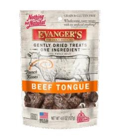 A package of Gently Dried Beef Tongue treats for dogs and cats, labeled grain and gluten free, made in the USA, featuring a cow illustration and product details on the front.