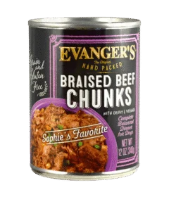 A 12 oz can of Braised Beef Chunks with Gravy - packed by hand! dog food, grain and gluten free, with veggies and "Sophie's Favorite" on the front.