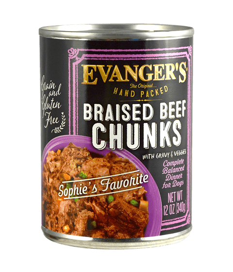 A 12 oz can of Braised Beef Chunks with Gravy - packed by hand! dog food, grain and gluten free, with veggies and "Sophie's Favorite" on the front.