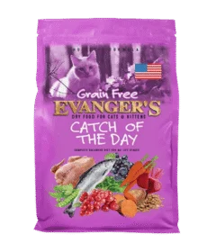 A purple 4.4 lb. bag of Evanger’s Grain Free Catch of the Day for Cats, showing fish, vegetables, berries, a cat image, and a small American flag.