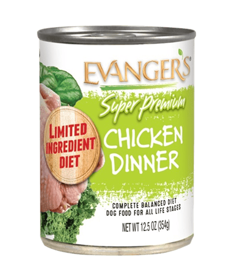 A 12.5 oz (354 g) can of Chicken Dinner dog food, labeled "Limited Ingredient Diet.