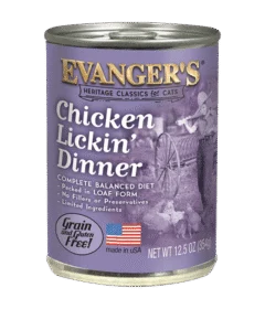 A case of 12 Heritage Classic Chicken Lickin' Dinner for Cats Value Size cans, featuring a purple label, loaf form, grain and gluten free recipe, and artwork of a child with a chicken; highlights a balanced diet.