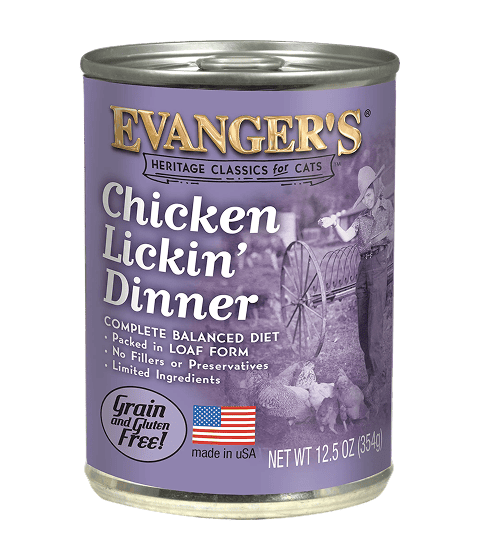 A case of 12 Heritage Classic Chicken Lickin' Dinner for Cats Value Size cans, featuring a purple label, loaf form, grain and gluten free recipe, and artwork of a child with a chicken; highlights a balanced diet.