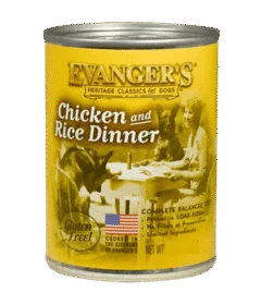 A 20 oz can of Heritage Classic Chicken & Rice JUMBO dog food with a yellow label, featuring images of dogs, people, and product details such as "Gluten Free" and "Complete Balanced Diet.