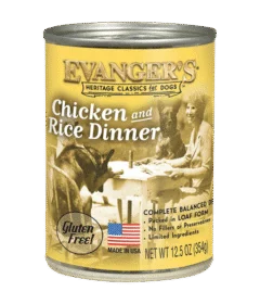 A case of 12 Heritage Classic Chicken & Rice Dinner cans for dogs, 12.5 oz each, gluten free and made in the USA, featuring an image of dogs sitting at a table.