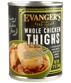 A can of Whole Chicken Thighs - packed by hand! for dogs, with a label showing chicken pieces and product details.