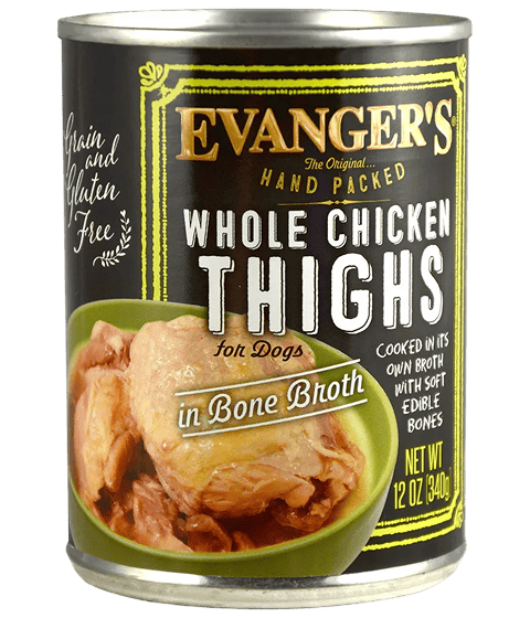 A can of Whole Chicken Thighs - packed by hand! for dogs, with a label showing chicken pieces and product details.