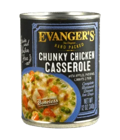 A 12 oz can of Chunky Chicken Casserole - packed by hand!, boneless, grain & gluten free, with peas, carrots, apples, and potatoes shown on the label.