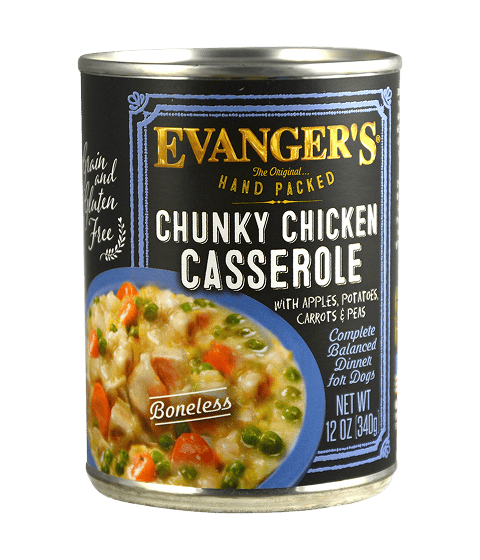 A 12 oz can of Chunky Chicken Casserole - packed by hand!, boneless, grain & gluten free, with peas, carrots, apples, and potatoes shown on the label.