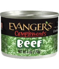 A 6 oz can of Complements Grain Free Beef for Dogs & Cats featuring a green and black label with a silver lid.