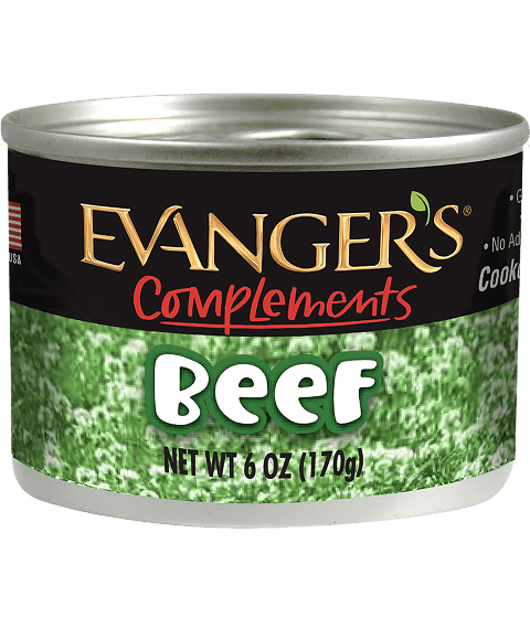 A 6 oz can of Complements Grain Free Beef for Dogs & Cats featuring a green and black label with a silver lid.