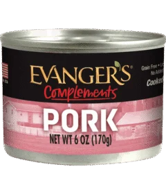A 6 oz can of Complements Grain Free Pork for Dogs & Cats, with packaging labeled grain-free and no added supplements.