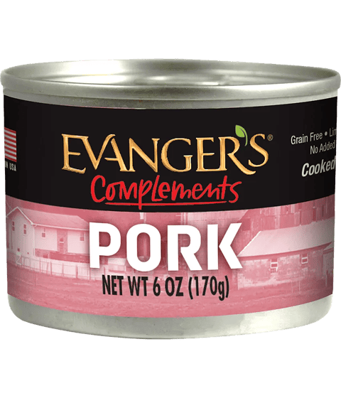 A 6 oz can of Complements Grain Free Pork for Dogs & Cats, with packaging labeled grain-free and no added supplements.