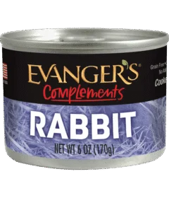 A 6 oz can of Complements Grain Free Rabbit for Dogs & Cats, with a black label showcasing the product name and key nutrition info.