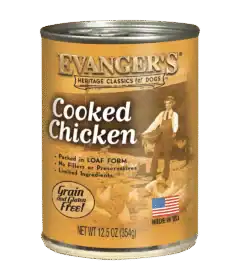 Case of 12 Heritage Classic Cooked Chicken dog food cans; grain and gluten free, loaf style, made in the USA, with label featuring a man and dogs in the background.