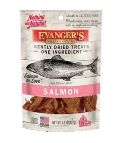 A package of Gently Dried Salmon treats for dogs and cats, labeled grain and gluten free with a single ingredient, featuring a fish image on the front.