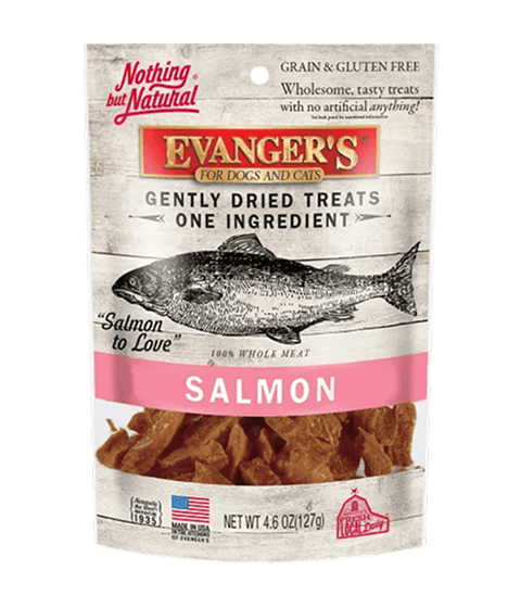 A package of Gently Dried Salmon treats for dogs and cats, labeled grain and gluten free with a single ingredient, featuring a fish image on the front.