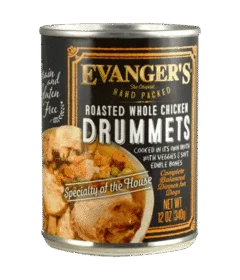 A 12 oz can of Roasted Chicken Drummet Dinner - packed by hand!—dog food, with a label featuring chicken and vegetables.