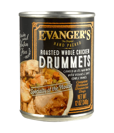 A 12 oz can of Roasted Chicken Drummet Dinner - packed by hand!—dog food, with a label featuring chicken and vegetables.