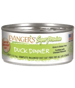 A case of 24 cans of Super Premium Duck Dinner for Cats, grain and gluten free, limited ingredient diet, suitable for all life stages.