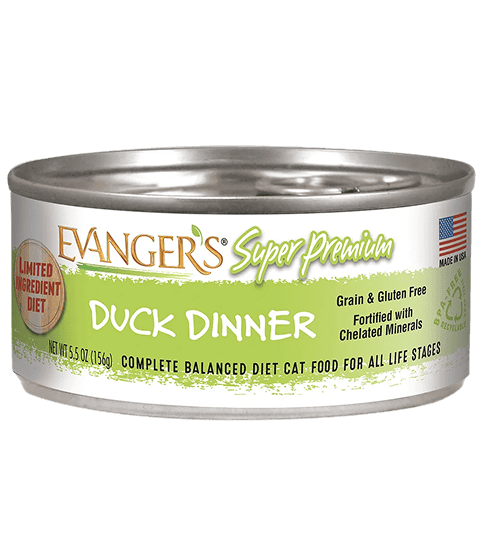 A case of 24 cans of Super Premium Duck Dinner for Cats, grain and gluten free, limited ingredient diet, suitable for all life stages.