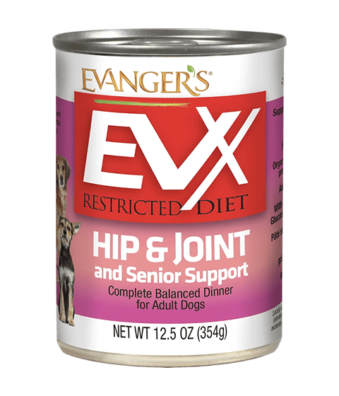 A 12.5 oz can of EVX Restricted Diet: Hip & Joint and Senior Support for Dogs, formulated for adult dogs, featuring two dogs on the label.