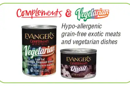 Two cans of Evanger's pet food, one labeled "Vegetarian" and the other "Quail," with text highlighting hypo-allergenic, grain-free exotic meats and vegetarian dishes.