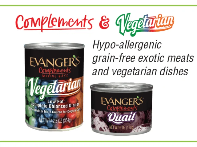 Two cans of Evanger's pet food, one labeled "Vegetarian" and the other "Quail," with text highlighting hypo-allergenic, grain-free exotic meats and vegetarian dishes.