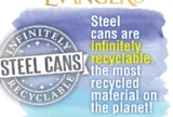 A graphic with the Evanger's logo states that steel cans are infinitely recyclable and the most recycled material on the planet, with a circular "Infinitely Recyclable Steel Cans" badge.