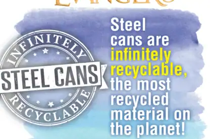 A graphic with the Evanger's logo states that steel cans are infinitely recyclable and the most recycled material on the planet, with a circular "Infinitely Recyclable Steel Cans" badge.