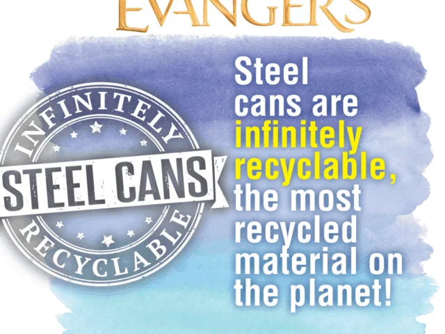 A graphic with the Evanger's logo states that steel cans are infinitely recyclable and the most recycled material on the planet, with a circular "Infinitely Recyclable Steel Cans" badge.
