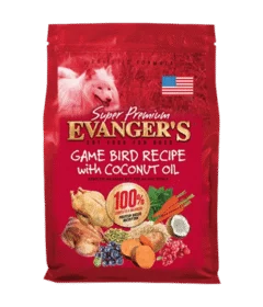 Red bag of NEW! Gamebird Recipe with Coconut Oil for Dogs - 33 lb., featuring images of meat, vegetables, fruits, and an American flag in the top right corner.