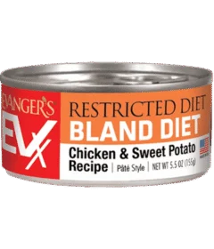 A 5.5 oz can of EVX Restricted Diet: Bland Diet pet food, Chicken & Sweet Potato Recipe, pâté style.